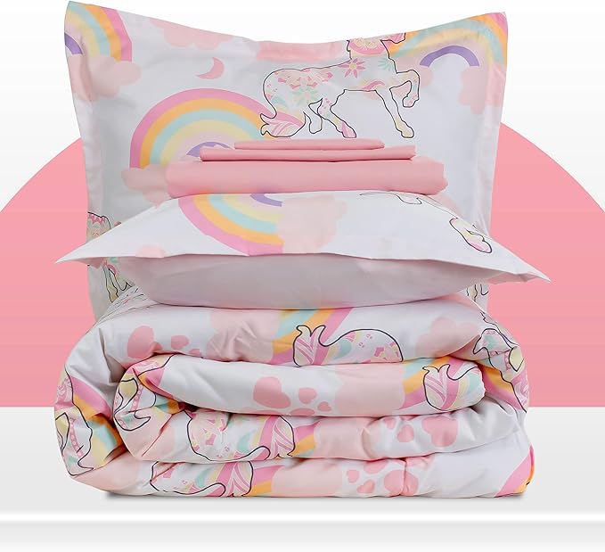 SLEEP ZONE Kids Bedding Comforter Set Full/Queen Size - Super Cute & Soft Kids Bedding 7 Pieces Set with Comforter, Sheet, Pillowcase & Sham (Pink Unicorn)