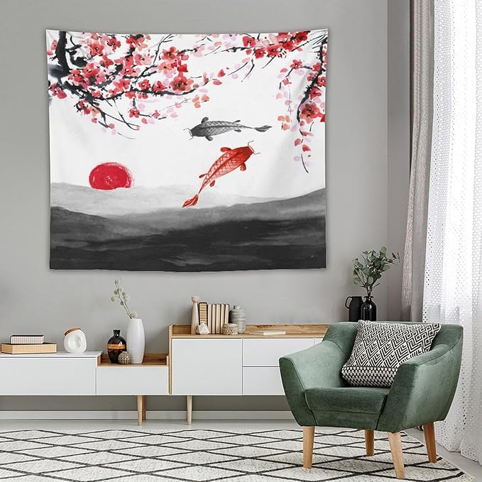 Houselerax Japanese Koi Fish Tapestries, Cherry Blossoms Asian Oriental Flower Branch Koi Fish Carp Tapestry Wall Hanging for Bedroom Living Room Office Decor 60"x50"