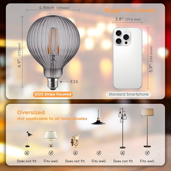 G125 Edison LED Bulb,4W Dimmable E26,2200K Smoke Striated Glass | Vintage Oversized Large Edison Bulb, Soft Warm Lighting, Dim, Widely Used In Stores, Coffee Shops & Indoor Outdoor Scenes