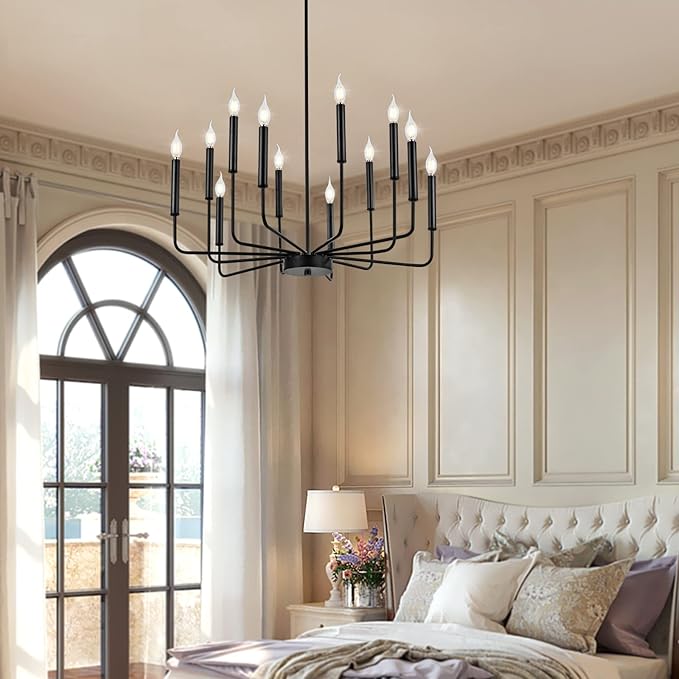 Modern Black Farmhouse Chandeliers, 12-Light Industrial Metal Chandelier Lighting, Classic Candle Hanging Pendant Light Fixtures for Living Room, Dining Room, Kitchen, Bedroom, Entryway