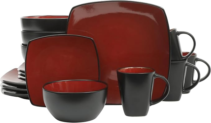 Gibson Elite Soho Lounge Square 16-Piece Dinnerware Set, Service for 4, Reactive Glaze Stoneware Plates and Bowls, Modern Dishes, Microwave & Dishwasher Safe – Red and Black