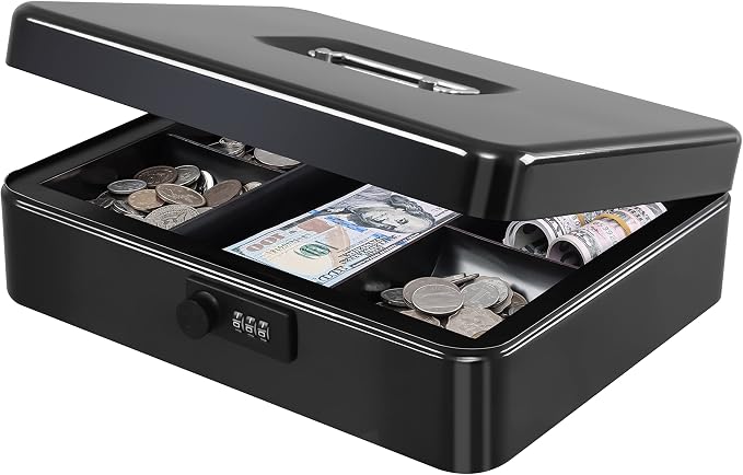 KYODOLED Metal Cash Box with Combination Lock Money Box for Cash Safe Metal Box with Money Tray for Security Lock Box 11.81"x 9.45"x 3.54" Black X Large