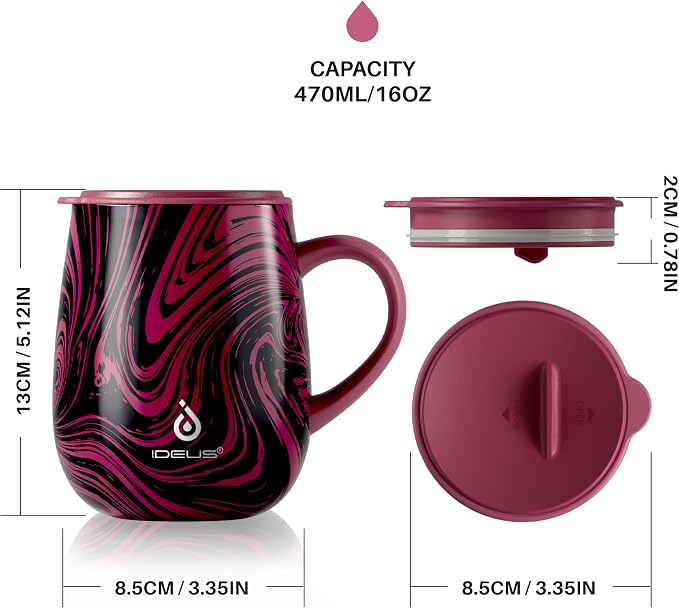 Ideus 16 oz (470 ml) Insulated Coffee Mug with Handle and Lid, Double Wall Stainless Steel Vacuum Thermal Coffee Mug, Travel Coffee Cup Thermal Cup for Home and Office (Red Zebra)