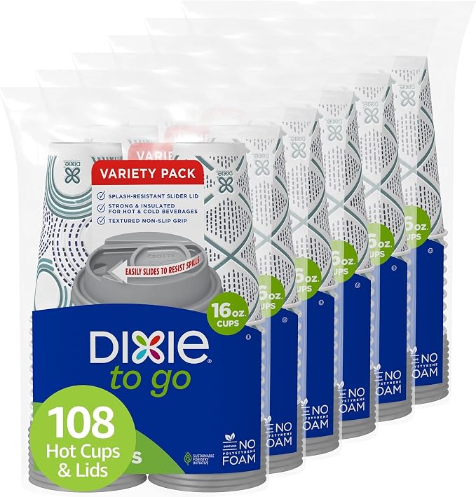 Dixie To Go Paper Coffee Cups With Lids, 16 oz, 108 Count (6 packs of 18 cups), Disposable Insulated Paper Cups for On-The-Go Hot or Cold Beverages
