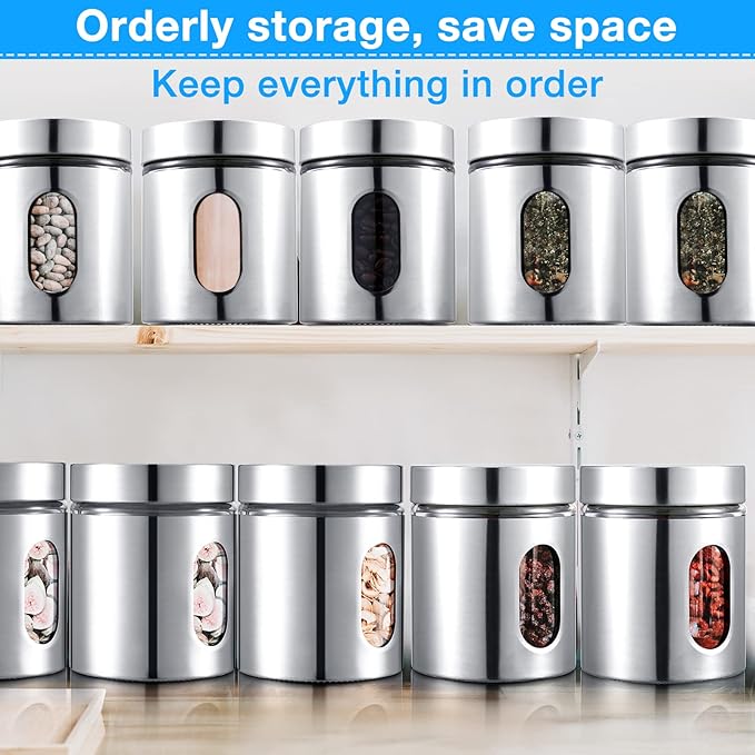 Mimorou 6 Pack Kitchen Canisters Set Airtight Coffee Sugar Tea Candy Storage Jars with Window Glass Stainless Steel Containers with Lids for Flour Cookies Spices Grains Kitchen Decorations(20 oz)