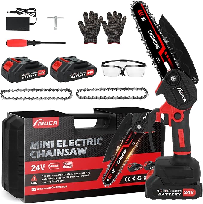 6-Inch Mini Chainsaw, Cordless Handheld Electric Chainsaw with 2x 24V 4000mAh Batteries & 2 Chains, Lightweight & Portable, for Tree Trimming, Wood Cutting, Gardening, Outdoor & Household Use (Red)