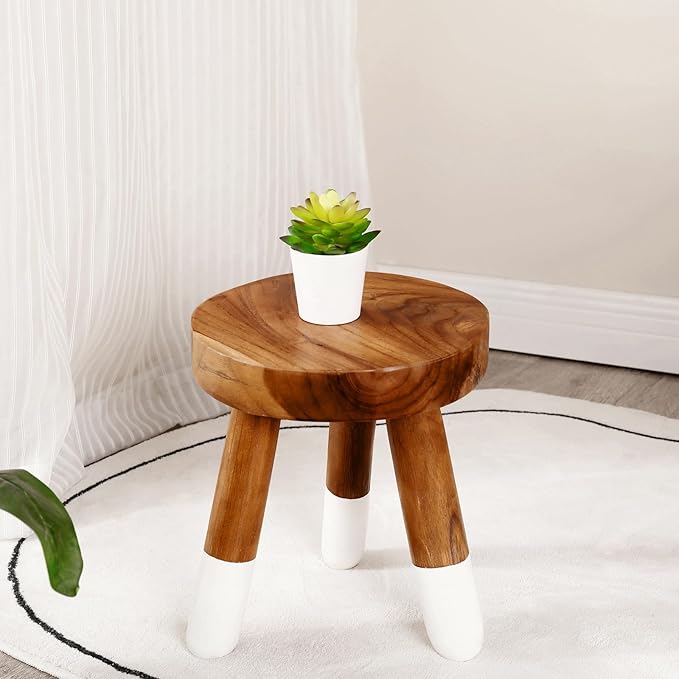 Teak 12" Round Dip Dyed Wood Plant Stand | Wood Accent Stool | Bath Stool | Milking Stool (12" Tall White)