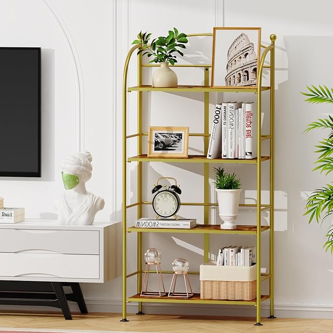 FRAPOW Folding Bookshelf No Assembly, 4 Tier Shelf Gold Collapsible Bookcase, Arched Metal Display Tall Book Shelf with Storage Shelves for Bedroom, Living Room, Home Office