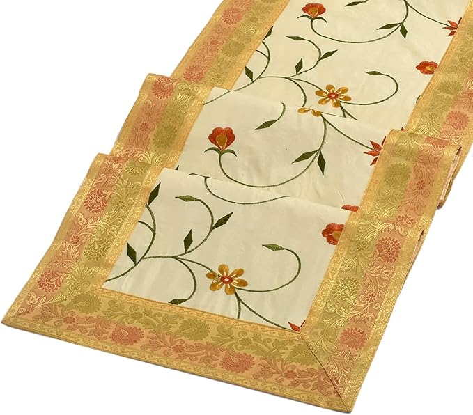 Hand Embroidered Silk Table Runner, Cream Floral Vine Design Decorative Table Linen for Dining Table, Kitchen, Coffee Table, Console, Wedding Reception, Birthday & Home Décor, 60 x 16 Inches