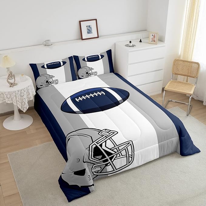 Feelyou Kids Football Comforter Set King Size Rugby Sports Bedding Set for Boys Teens Decor Soccer Ball Game Comforter American Football Grey Blue Duvet Set Quilt 3Pcs Boys