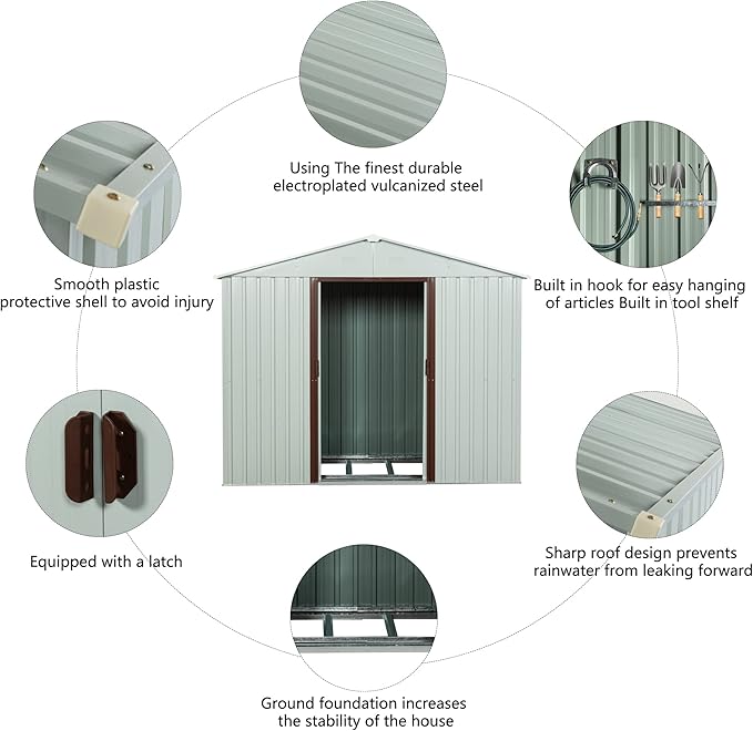 4x8 FT Outdoor Storage Shed, Metal Garden Shed with Frame Floor, Outside Tool Shed with Lockable Sliding Doors, Waterproof Storage Building with Sloped Roof for Backyard, Patio, Lawn, White
