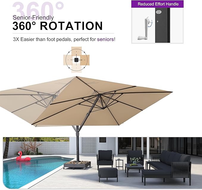 PURPLE LEAF 11' X 15' Rectangle Patio Umbrella Large Outdoor Aluminum Offset Umbrella with 360° Rotation Cantilever Umbrella with Base Included for Garden Deck Backyard Pool Beige