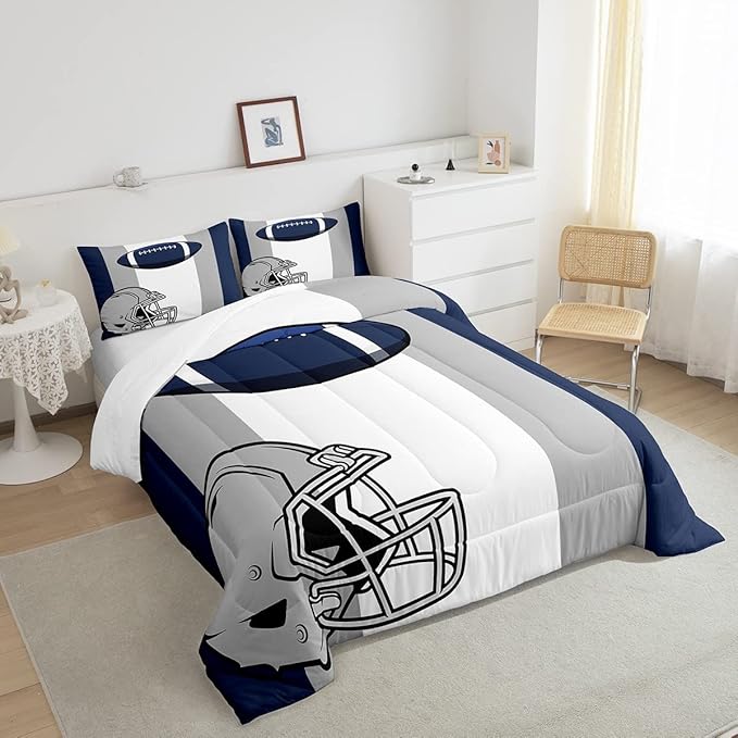 Feelyou Kids Football Comforter Set Twin Size Rugby Sports Bedding Set for Boys Teens Decor Soccer Ball Game Comforter American Football Grey Blue Duvet Set Quilt 2Pcs Boys