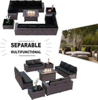 Kullavik 13 Pieces Outdoor Patio Furniture Set with 43" 55000BTU Gas Propane Fire Pit Table PE Wicker Rattan Sectional Sofa Patio Conversation Sets,Black