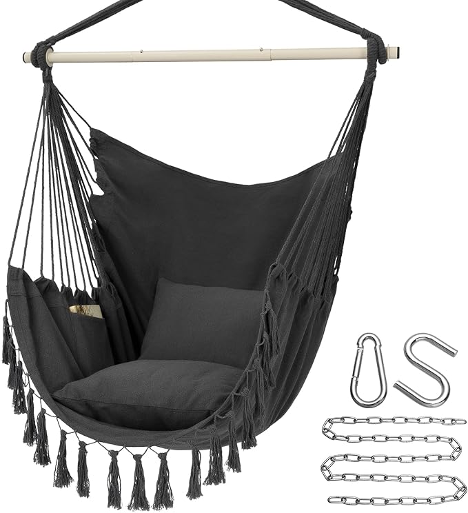 Y- STOP Hammock Chair Hanging Rope Swing, Max 500 Lbs, 2 Cushions Included, Large Macrame Hanging Chair with Pocket, Cotton Weave for Superior Comfort, Durability (Dark Grey)