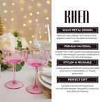 Flower Scalloped Vintage Wavy Petals Wave Glass Coupes 7oz Colorful Martini, Champagne & Cocktails, 2 Pink & Blush Set Amber Rippled Champagne Glasses, Elegant Bar Glassware, Aesthetic Coupe Glassware