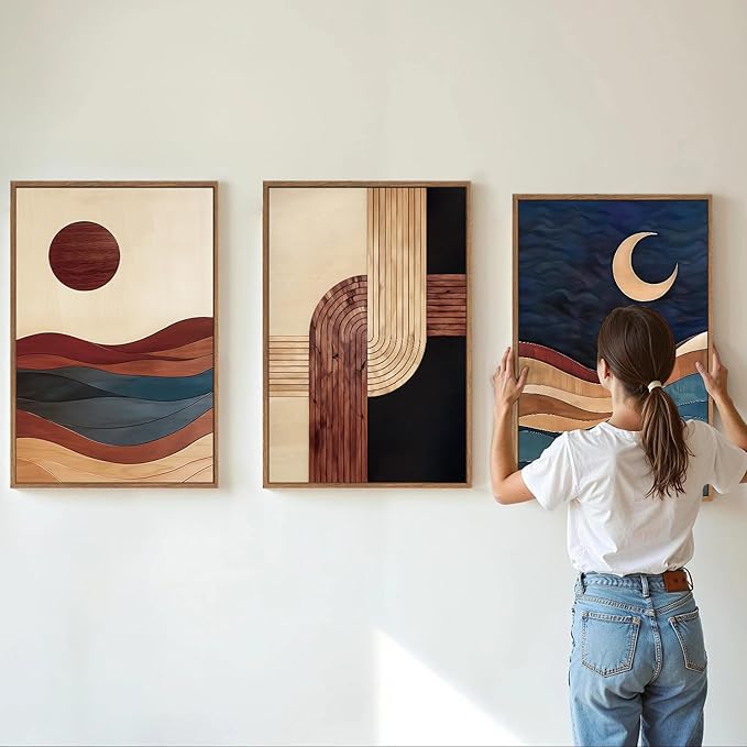 SIGNINART Boho Mid Century Modern Framed Canvas Wall Art, Bohemian Geometric Wall Decor, Abstract Sun and Moon Artwork,Beige and Black Wooden Art Paintings for Living Room Bedroom Office 16"x24"x3
