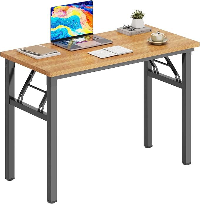 DlandHome 31.5 Inch Small Folding Computer Desk for Home Office, Teak Black | Foldable Writing Table for Small Spaces Bedroom, No Assembly Required, Wood Top Metal Frame, Collapsible Compact Easy Storage