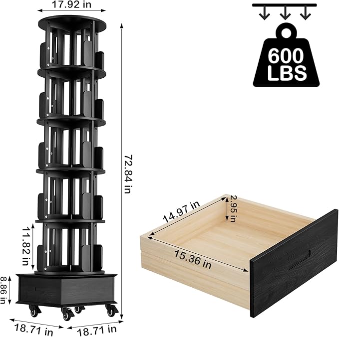 Solid Wood Rotating Book Shelf, 360° Display Bookcase with Drawer, 5-Tier Mobile Bookshelf with Wheels, 79" Tall Bookcase for Narrow Space, Spinning Bookshelf Tower for Home Office, Study Room, Black