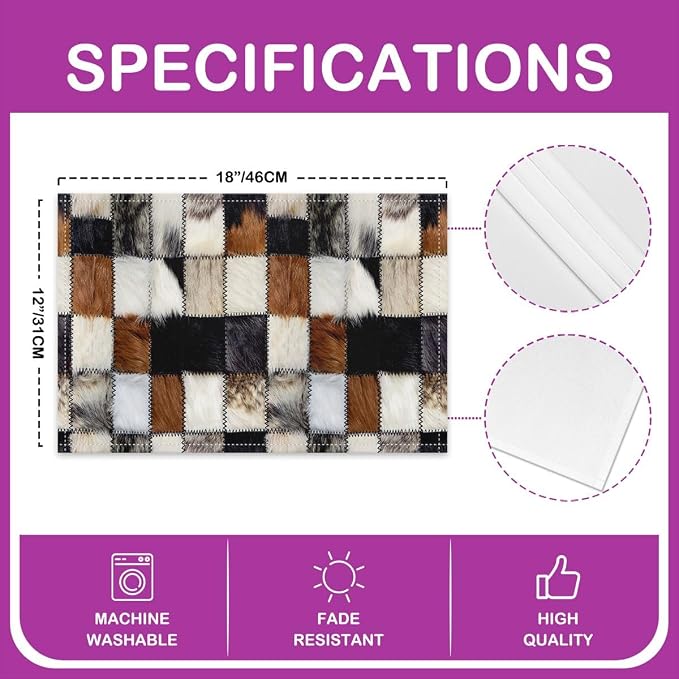 Feelyou 3D Cow Fur Print Placemats Set of 4 12x18 Inch Cowhide Patchwork Plaid Table Mats for Party Kitchen Dining Decoration Holiday Seasonal Western Farmhouse Animals Place Mat for Dinner Table