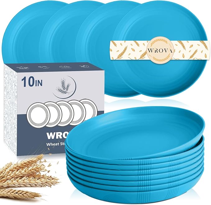 Wrova Wheat Straw Plates 10 Inch - Unbreakable Dinner Plate Set of 8 - Dishwasher & Microwave Safe Plastic Plates Reusable - Lightweight Deep Plate for Kitchen,Outdoor,Dorm (Blue)