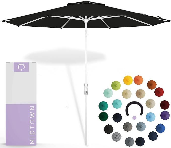Midtown Umbrellas The Swilt 8 Feet Patio Umbrella in Sunbrella Black Acrylic Fabric - Fiberglass Ribs, Auto-Tilt Aluminum Frame For Backyard, Deck, Garden, Pool - White Pole