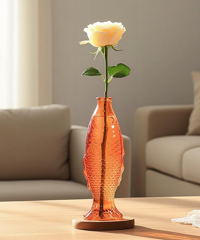 Nacome Fish Vase Glass Plant Terrarium with Wooden Stand,Planter Propagation Station for Home Office Hydroponics Desk Decoration,Unique Gardening Gifts for Plant Lovers Women Mom(Orange)
