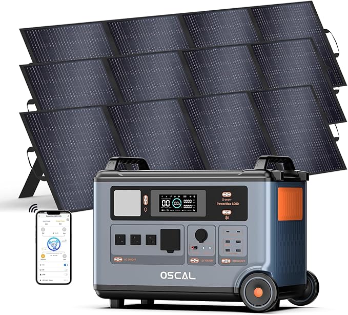 OSCAL PowerMax 6000 Solar Generator, 3600Wh/6000W Power Station with 3x200W Solar Panels, 120V/240V Split Phase Voltage AC Outlets (9000W Peak), 2400W Solar Charging,Emergency for Home,Battery Backup
