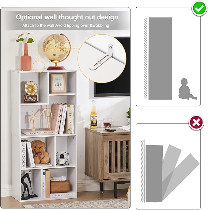 VECELO 42 Inch High Bookcase, 4-Tier Modern Storage Cabinet with Height Difference Shelves Fits Tallest Hardcovers, Floor Standing Display, 7 Cubes, Horizontal Avaiable, Easy Assembly, White