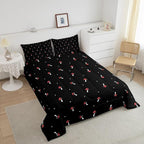 Cute Mushroom Kawaii Comforter Set Queen Kid Cartoon Bedding Set Red Mushroom Duvet Set Farmhouse Botanical Reversible Quilt Set Lovely Natural Wild Plants Comforter Set For Bedroom Decor, Black