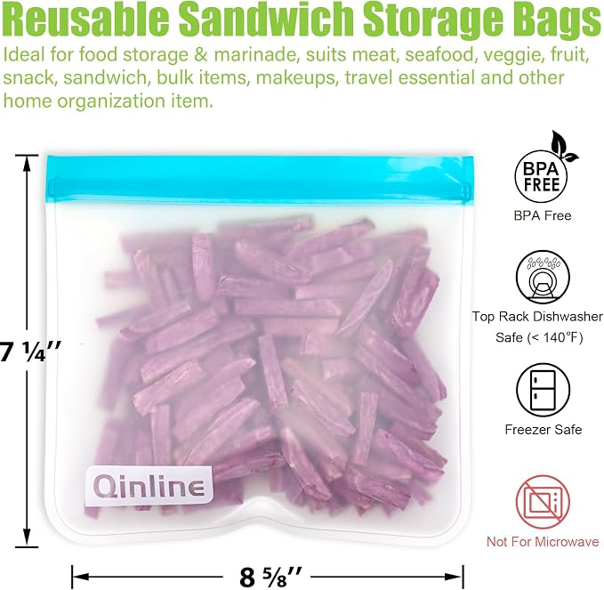 Reusable Food Storage Bags - 10 Pack Freezer Bags, Extra Thick Leakproof Lunch Bags for Salad Fruit Marinate Meats Travel - 10 Sandwich Storage Bag