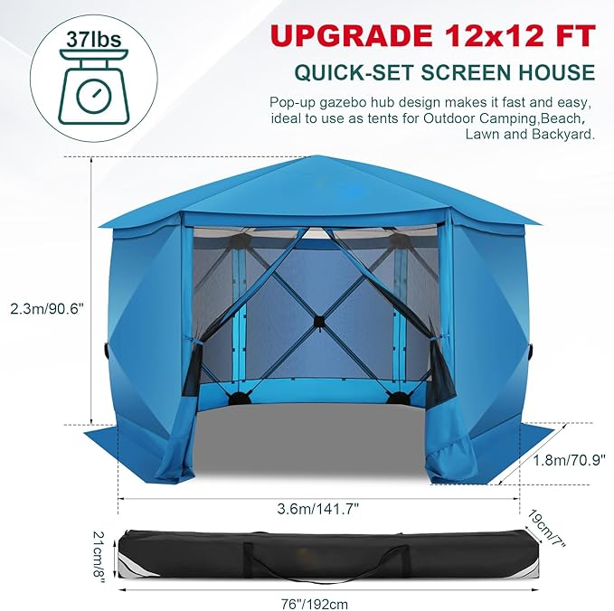 COBlZl Pop Up Gazebo 12x12 Screen House Tent for Camping, Outdoor Instant Stargazing Gazebo Canopy with Awning 2.0, Portable Hub Tent with Removable Sidewalls,Pavilion for Backyard,Blue