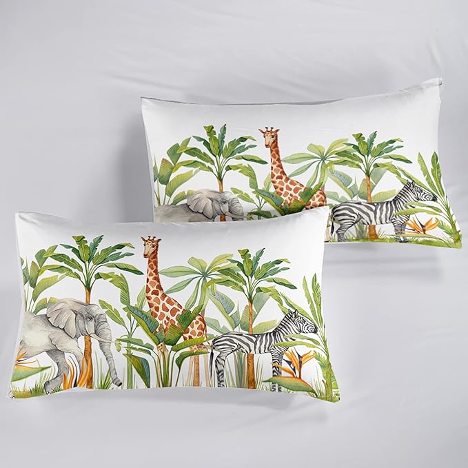 Wild Animal Comforter Queen Size,Elephant Giraffe Zebra Kids Comforter Set,3Pcs Bedding Set Printed Comforter with 2 Pillowcases,Down Alternative,Soft and Lightweight,for All Seasons
