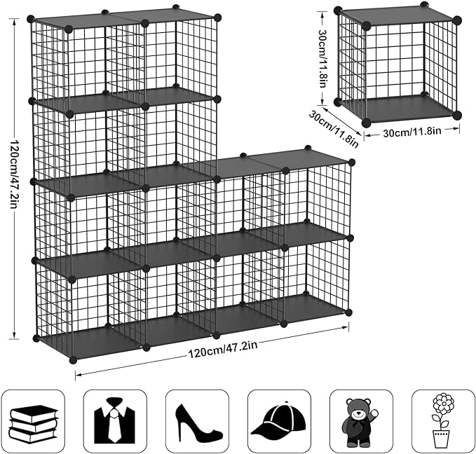 TUMUCUTE Wire Cube Storage Organizer, 12-Cube Metal Storage Shelves Bookshelf, Stackable Modular Closet Organizer for Bedroom Living Room, Office,Storage Shelves