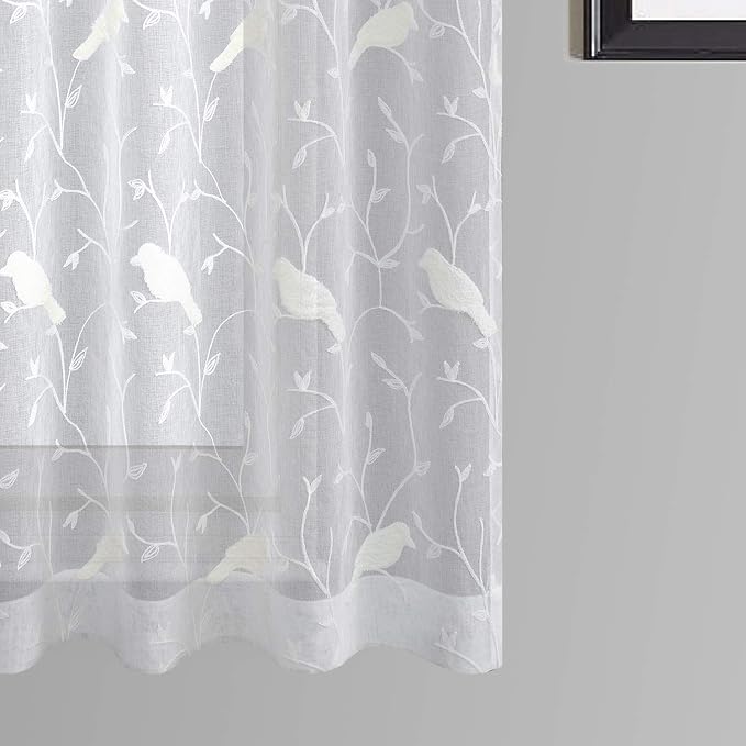 White Sheer Curtains 63 inches Length Birds Embroidered Window Treatment Curtain Sheer Voile Panels for Kitchen, Liviging Room, Bedroom, Small Windows, 42x63, Set of 2