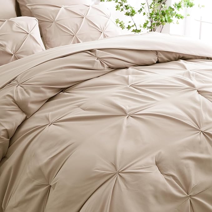 Ubauba 7pc Beige Comforter Set Full Size, 7 Piece Pintuck Bed in a Bag Ivory with Comforters and Sheets, Off White Pinched Pleat Bedding Comforters & Sets (Cream, Full)