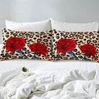 Rose Flower Comforter Set for Teens Adult Women Wedding Gift, Leopard Print Bedding Set Twin Size, Valentine's Day Cheetah Duvet Sets Leopard Animal Skin Down Comforter for Bedroom Decor, Brown