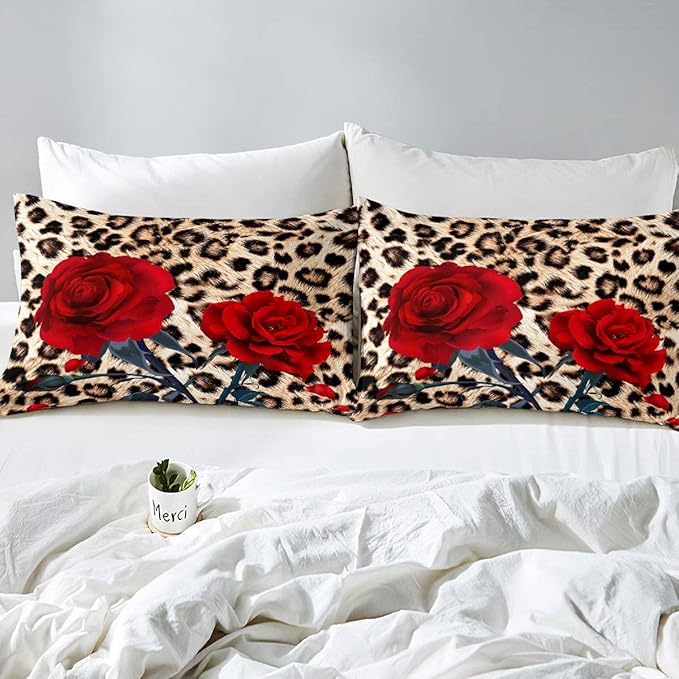 Erosebridal Rose Flower Comforter Set for Kids Girls Women, Leopard Print Down Comforter King Size, 3D Red Floral Petal Bedding Set Cheetah Animal Skin Quilted Duvet for Bedroom Decor, Brown