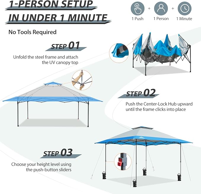 EAGLE PEAK 13x13 Straight Leg Pop Up Canopy Tent Instant Outdoor Canopy Easy Single Person Set up Folding Shelter w/Auto Extending Eaves 169 Square Feet of Shade (Light Blue)