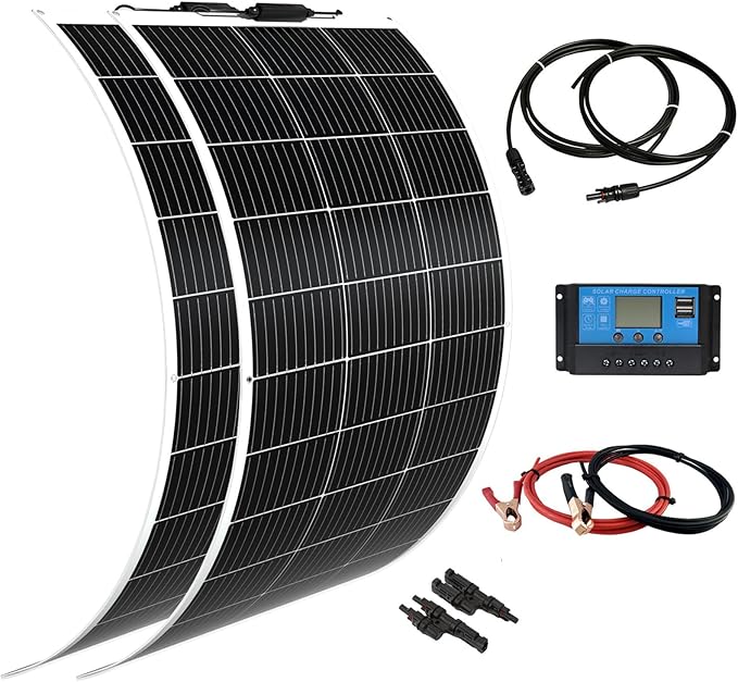 Flexible Solar Panel kit 200W 12V，2PCS 105W monocrystalline Solar Panel,20A Charge Controller,Extension Cable，Y-Type Connector for Off Grid RV, Boat,Cabin,Home Uneven Surfaces (200W Solar KIT White)
