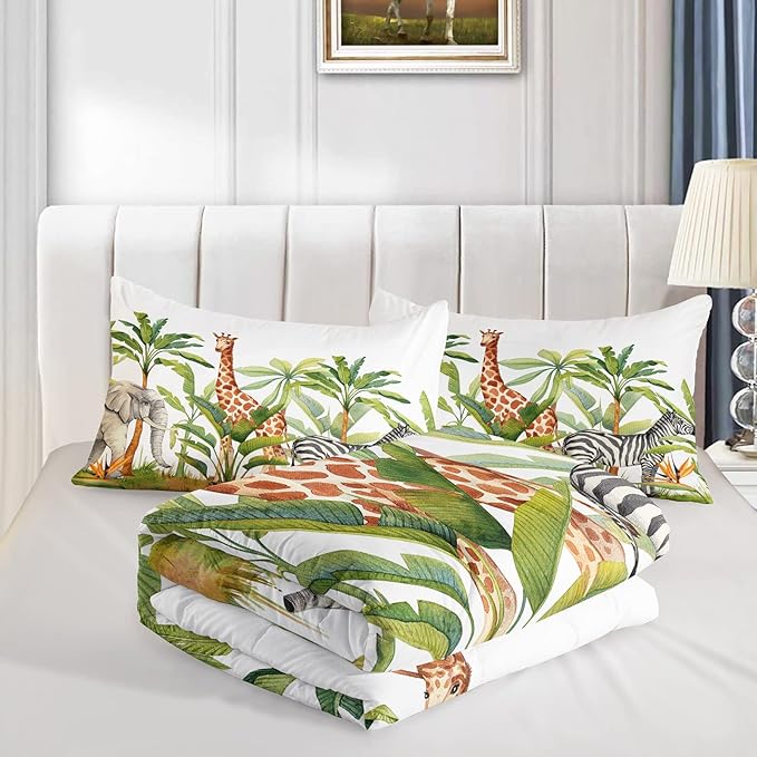 Wild Animal Comforter King Size,Elephant Giraffe Zebra Kids Comforter Set,3Pcs Bedding Set Printed Comforter with 2 Pillowcases,Down Alternative,Soft and Lightweight