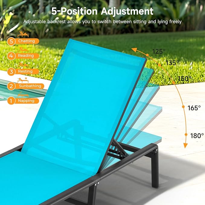 Aluminum Chaise Lounge Chair Outdoor, Foldable & Assembly Free Outdoor Lounge Chair with 5 Position Adjustable Backrest, Patio Pool Lounge Chairs for Outside Poolside Beach Lawn, 1PC, Lake Blue