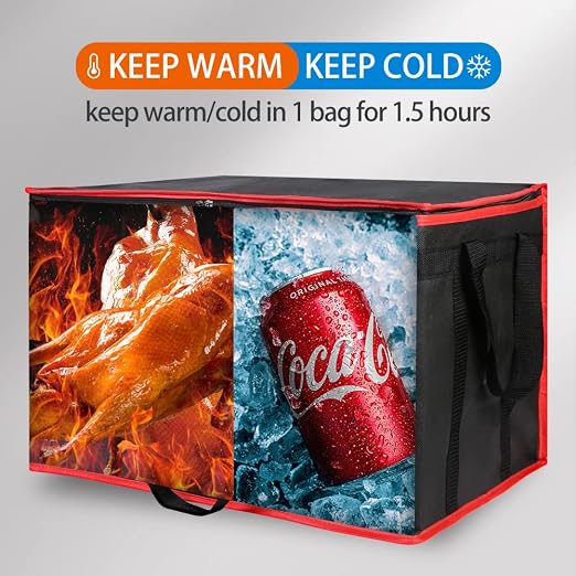 Bodaon 3-Pack Insulated Food Delivery Bag for Hot and Cold Meal, XXXL Cooler/Thermal Bags, Grocery Tote Insulation Bag for Catering, Large Pizza Warmer, Black with Red Edge