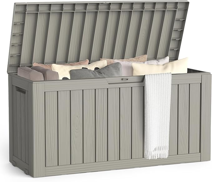Outdoor Storage Box, Deck Box Waterproof 72 Gallon, Resin Outside Storage, Storage Bin for Package Delivery, Patio Furniture Cushion, Pool Accessories, Weatherproof and UV Resistant, Grey