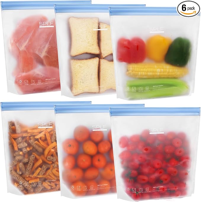 SPLF 6 Pack Stand-Up Reusable Gallon Freezer Bags Dishwasher Safe | Extra Thick 1 Gallon Leakproof Food Storage Bags, BPA and Silicone Free Freezer Bags for Meal Prep, Bread, Veggies, Travel