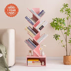 Yoobure Tree Bookshelf - 6 Shelf Retro Floor Standing Bookcase, Tall Wood Book Storage Rack for CDs/Movies/Books, Utility Book Organizer Shelves for Bedroom, Living Room, Home Office Pink