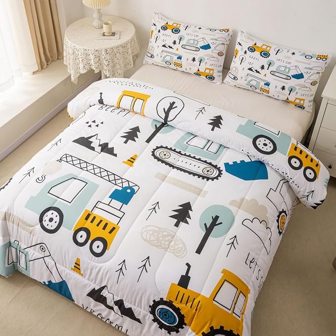 Feelyou Cartoon Car Kids Comforter Set Construction Bedding Set Decor Equipment Trucks Comforter Cartoon Car Excavator Tractor White Yellow Duvet Set Bedroom Quilt Set 3Pcs Queen