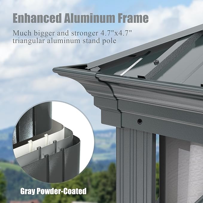 Domi 12'x16' Hardtop Gazebo Canopy,Outdoor Aluminum Gazebo with Galvanized Steel Double Roof,Permanent Gazebo with Drainage System,Curtain and Netting Included,Grey