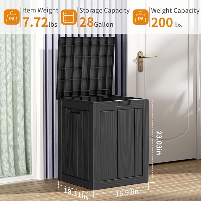 28 Gallon Resin Deck Box, Lockable Outdoor Storage Box for Patio Cushions Storage Furniture,Garden Tools, Pool Supplies, Weatherproof and UV Resistant（Black）