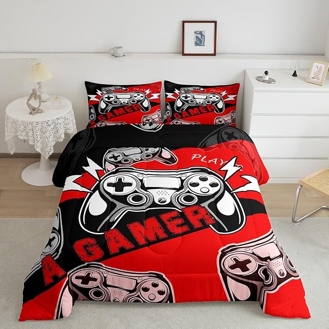 Erosebridal Gamer Comforter Sets for Boys Full Size,Gaming Bedding Sets for Boys Kids Teens Gamepad Gaming Comforter Set Game Room Decor,Red Black 3Pcs